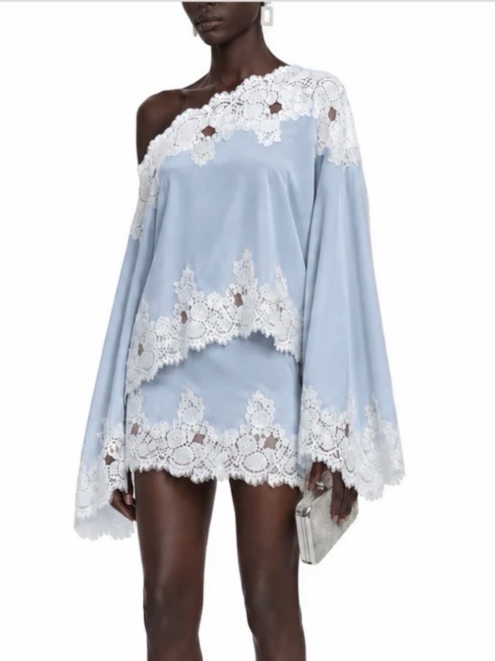 Miss Rosier One-Shoulder Light Blue Lace-Trim skirt and top
